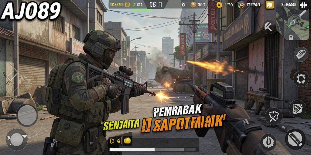 Tampilan utama AJO89 dengan antarmuka menarik dan fungsi tembak senjata.
