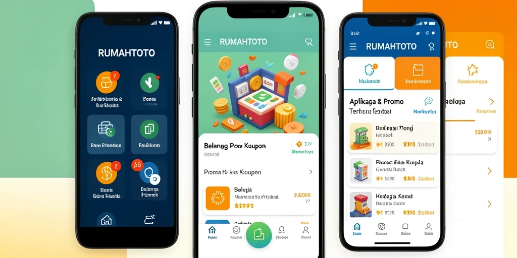 Tampilan antarmuka aplikasi RUMAHTOTO dengan berbagai promo menarik.